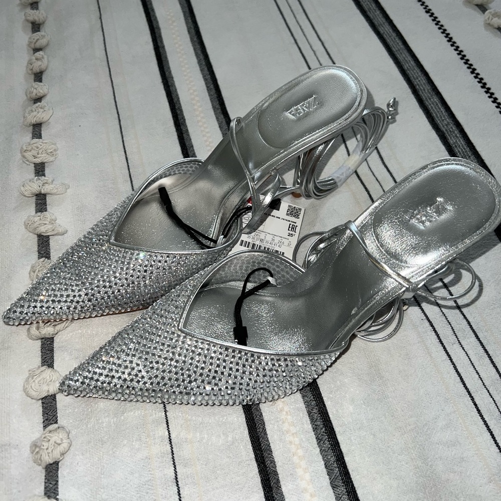 Zara Rhinestone Ankle Wrap Heels